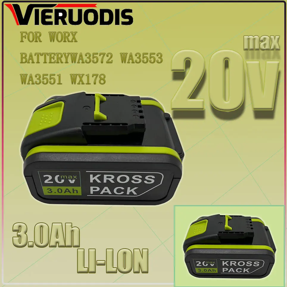 

For Worx 20V 3000mAh Battery Li-ion Battery WA3553 WA3551 WA3551 WA3572 WA3553 WX390 WA3551 WX178 WU268 Drill Battery