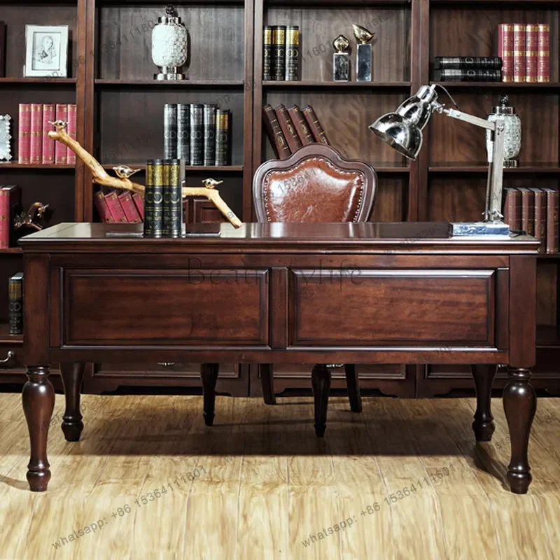 

yj57 American all-solid wood desk and chair combination home desk walnut European retro