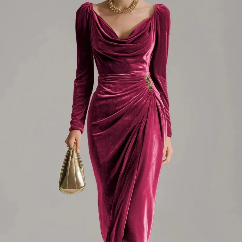 Vestido elegante de terciopelo asimétrico con hebilla de Metal para mujer, vestido Sexy de terciopelo con cuello oscilante, manga larga, ceñido al cuerpo, con abertura para fiesta