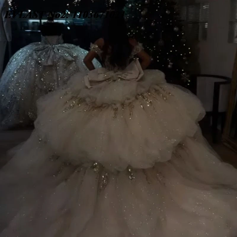 فستان Quinceanera عاجي لامع مخصص من EVLAST فستان حفلة لامع مزين بالترتر مطرز بالخرز الحلو 16 فيستدوس 15 أنوس E2QA169 #2