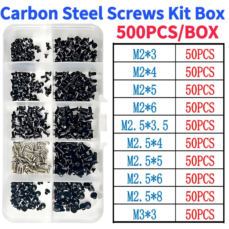 

500pcs/box M2 M2.5 M3 Carbon Steel Screws Flat Head Phillips Machine Laptop Notebook Set Kit Computer Small Black Bolts