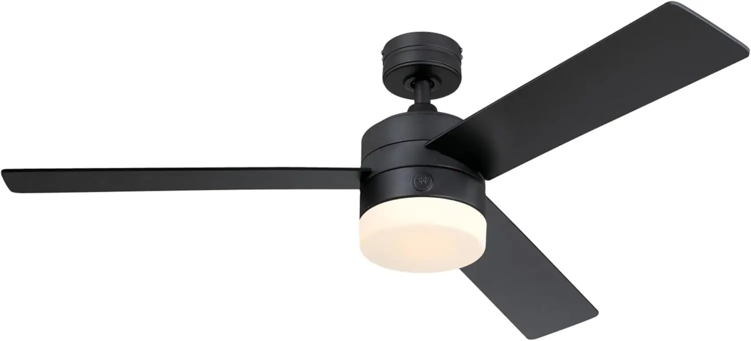 Modern LED Ceiling Fan with Light and Remote Control, 52 Inch, Matte Black Finish, Opal Frosted