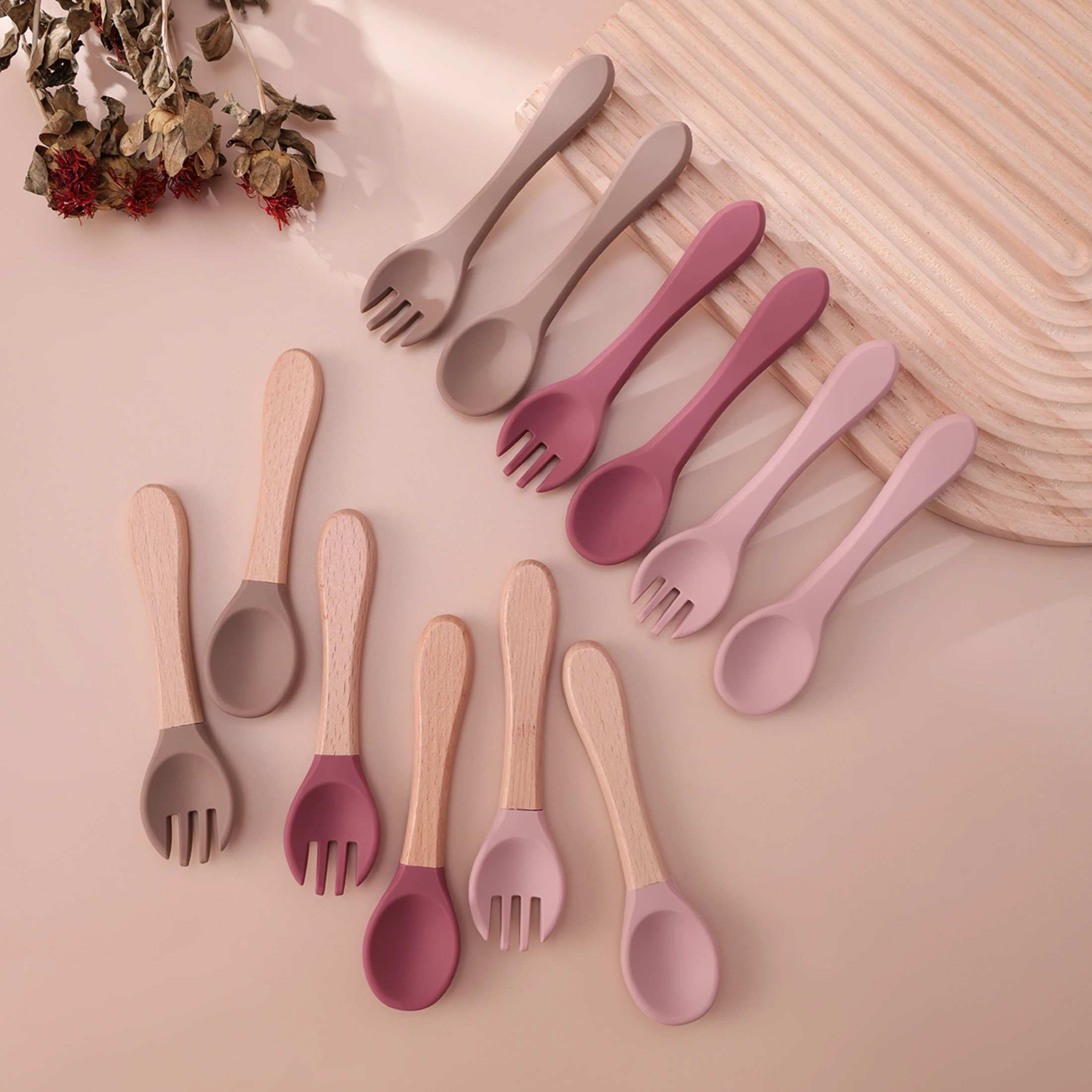 Color Kids 4PCS Silicone Baby Feeding Spoon Fork Set BPA Free Wood Handle Training Utensils For Infants Newborn Accessories