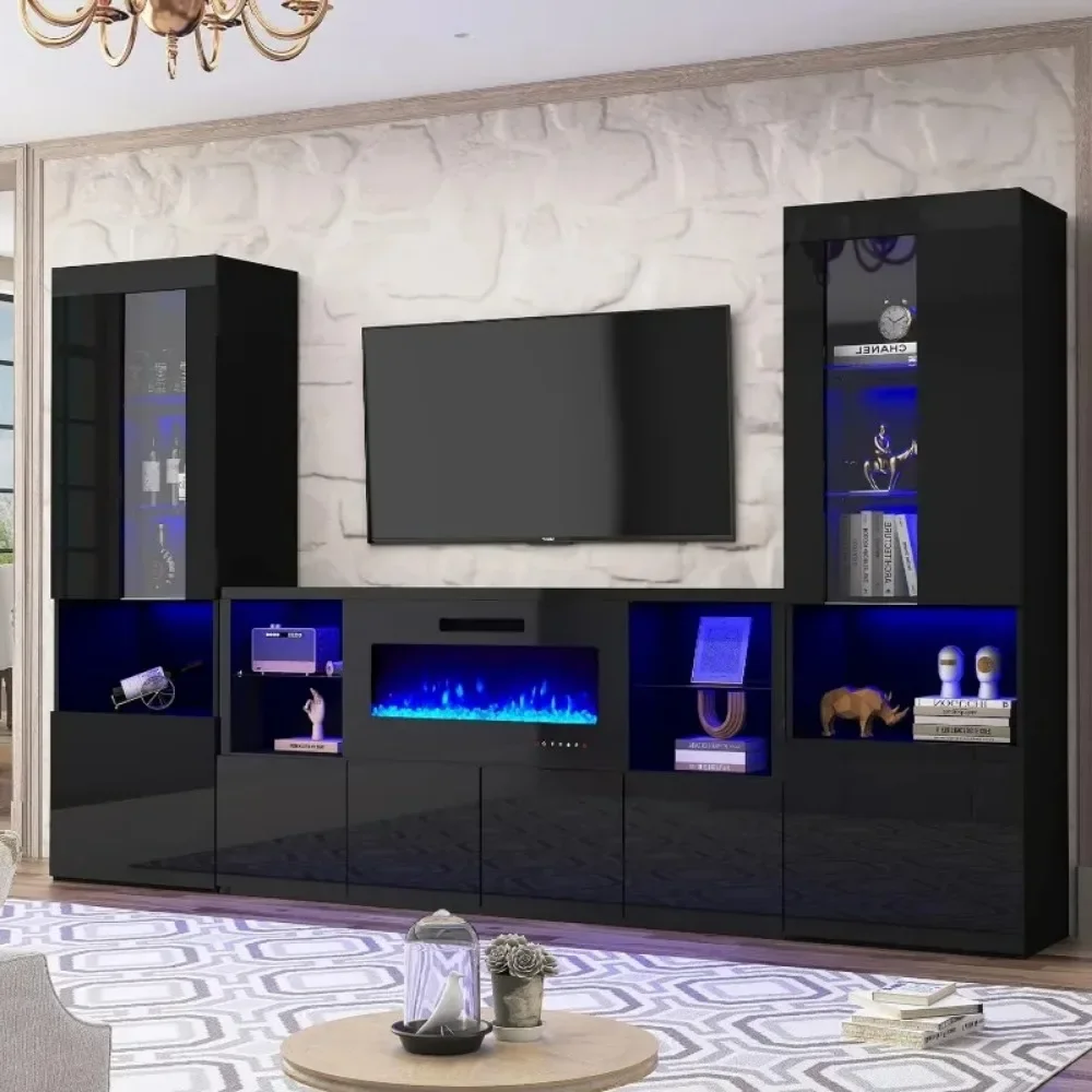 High Gloss Lareira TV Stand, lareira e luzes LED, grande centro de entretenimento para TVs de até 78 polegadas, 68 polegadas
