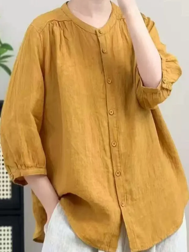 

Женский повседневный хлопково-льняной кардиган Seven-Quarter Sve irt, новый летний свободный универсальный кардиган на одной пуговице, круглая тонкая модель