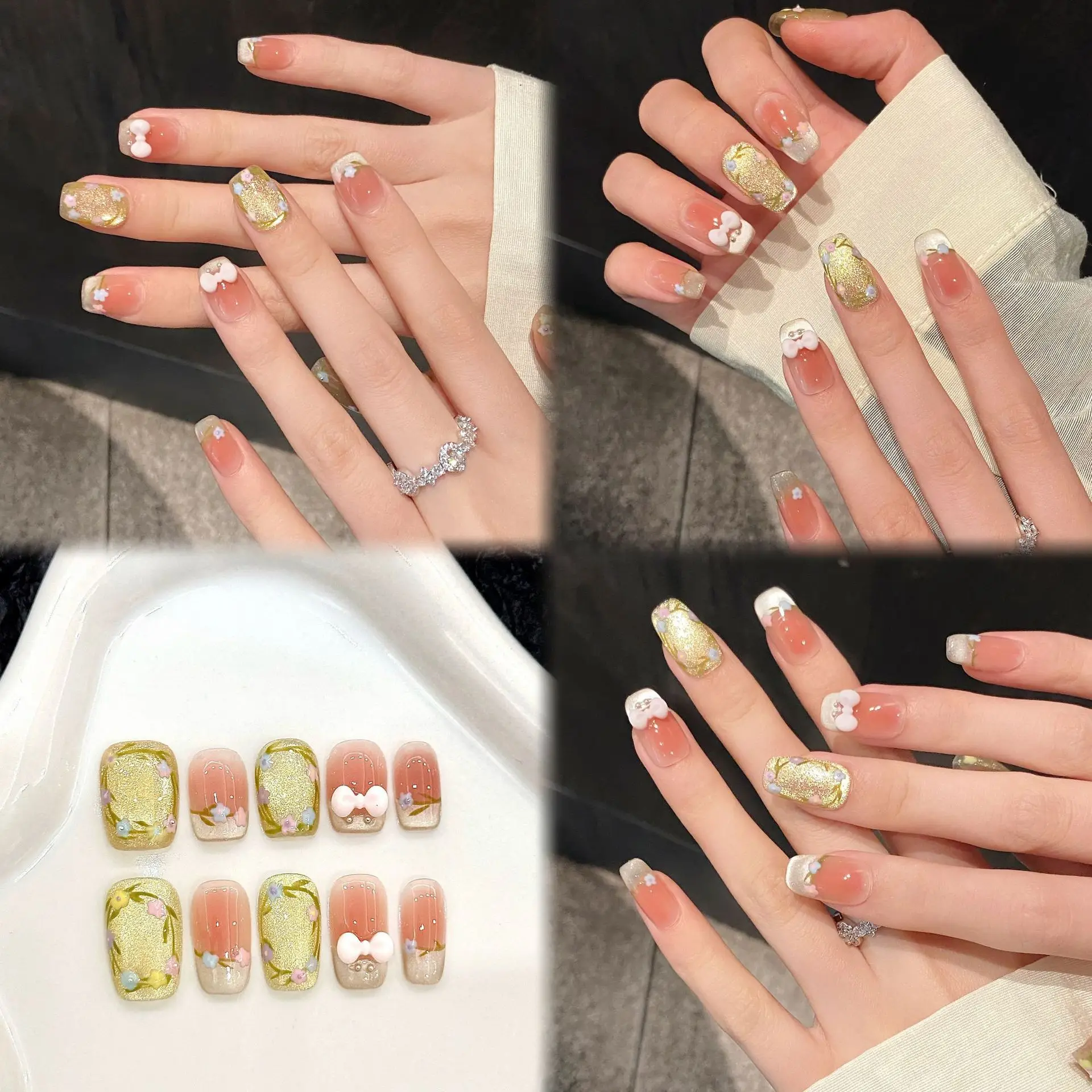 10 Stück handgemachte Nägel zum Aufdrücken, bunte Blumen, Glasperlen, Katzenauge, künstliche Nägel, grünes Rouge, kurzer französischer Frühlings-Fake-Nagel