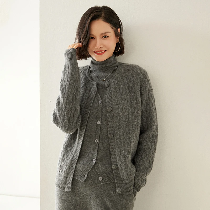 100% Cashmere Women's Cardigan Autumn Winter Seven-Needle Thick Knitted Sweater High-End Round Neck Coat Sweater