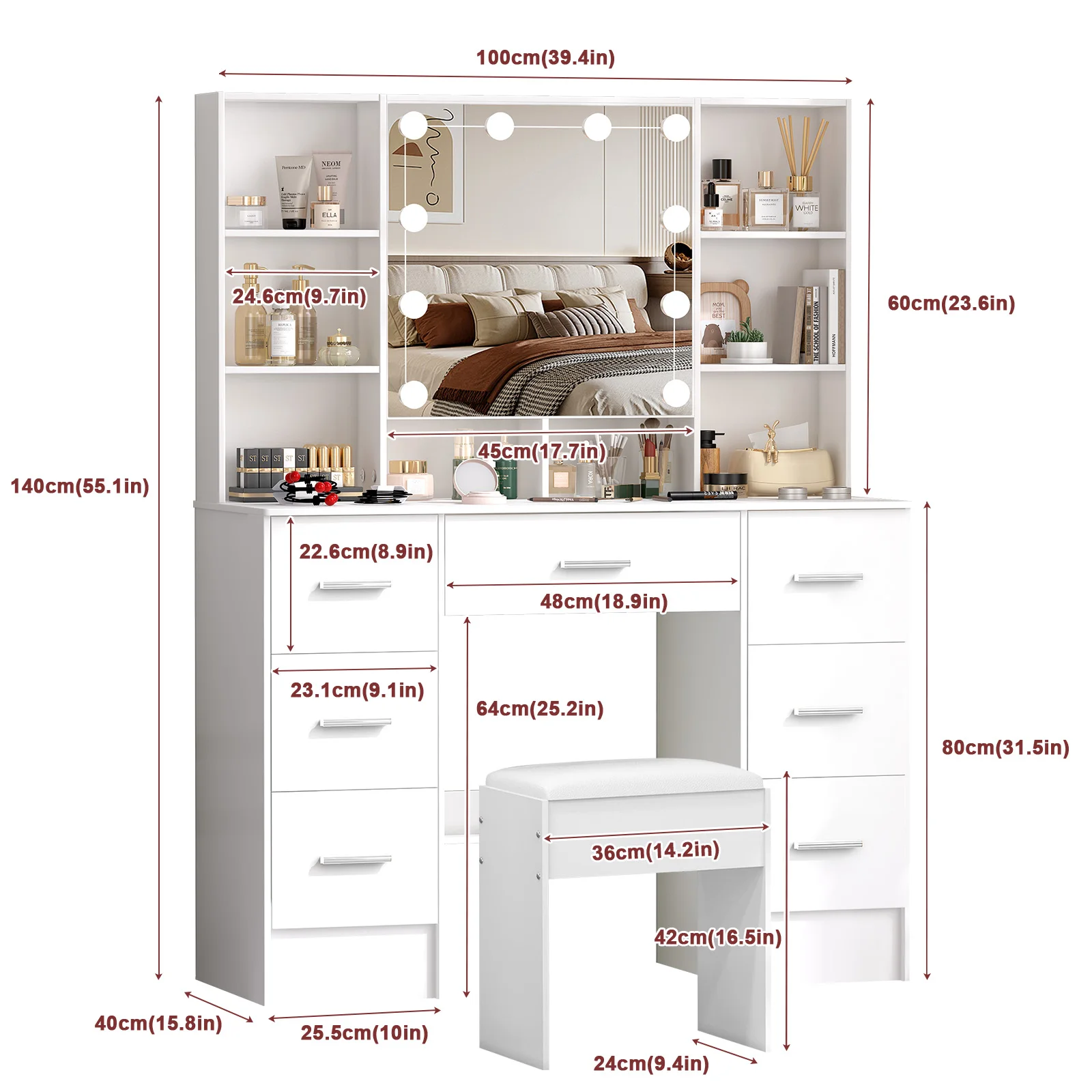 مجموعة كبيرة منضدة الزينة مع 3 ألوان قابلة للتعديل ومرآة مكياج LED لغرفة النوم للنساء مكونة من 7 أدراج باللون الأبيض #6