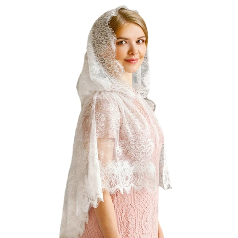 

Bride Lace Trim Shawl for Summer Wedding Party Sunproof Lace Scarf with Hoodie 449B