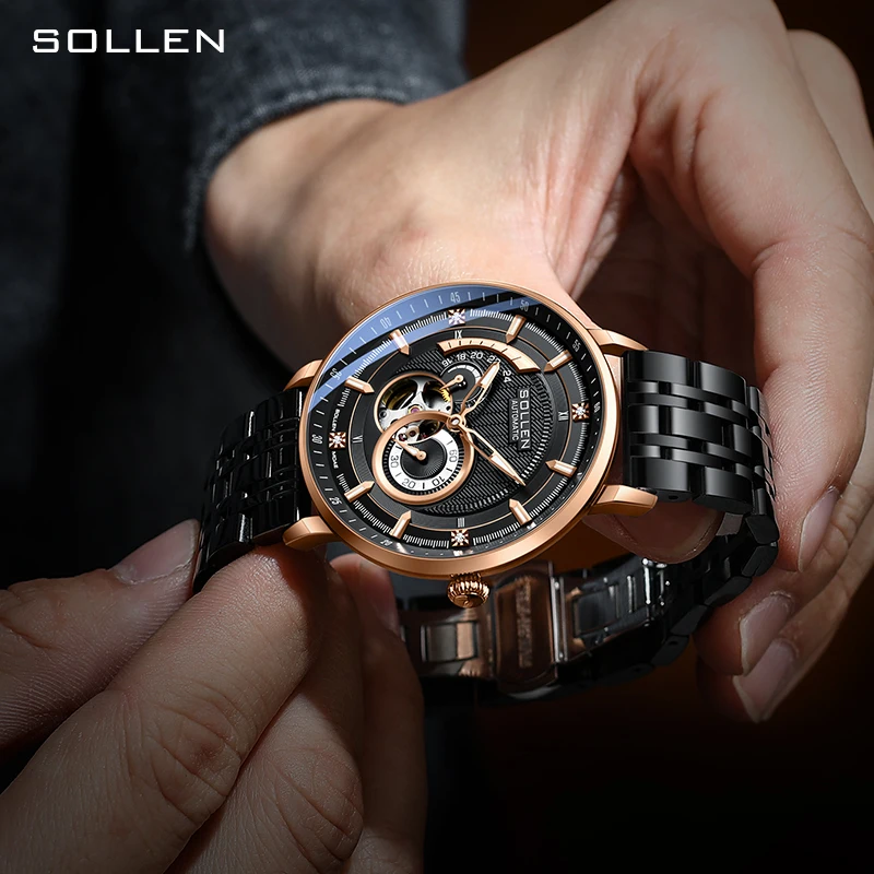 Nuovo marchio di lusso svizzero SOLLEN MIYOTA orologi meccanici automatici da uomo orologi luminosi con scheletro di diamanti impermeabili SL356