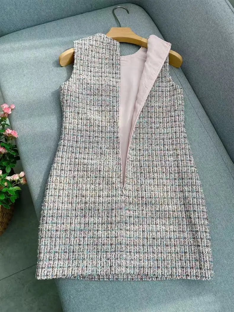 2025 principios de nueva moda mezcla de colores Tweed vestido sin mangas mujeres elegante temperamento cuello redondo decoración de diamantes Mini bata señoras