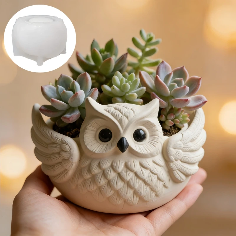 Molde de silicone de resina para vaso de plantas suculentas em formato de coruja, caixa de armazenamento de coruja fofa, porta-canetas, suporte para velas, moldes de silicone para gesso.