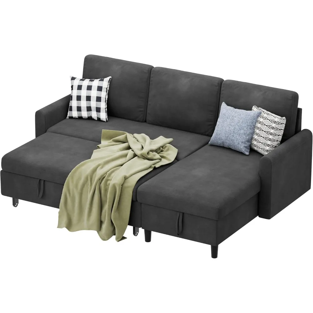 

Versatile 2-in-1 Sofa Couch with Pull-Out Bed and Storage Chaise for Living Room, Linen Sectional Sofa Bed