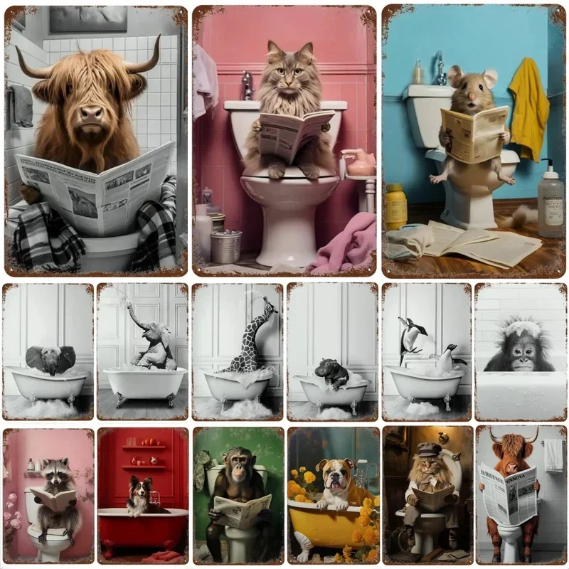 Funny Animal Posters Metal Tin Sign Plaque Dog Monkey Reading Newspapers Decorative Plates For Toilet Bathroom Wall Art Decor