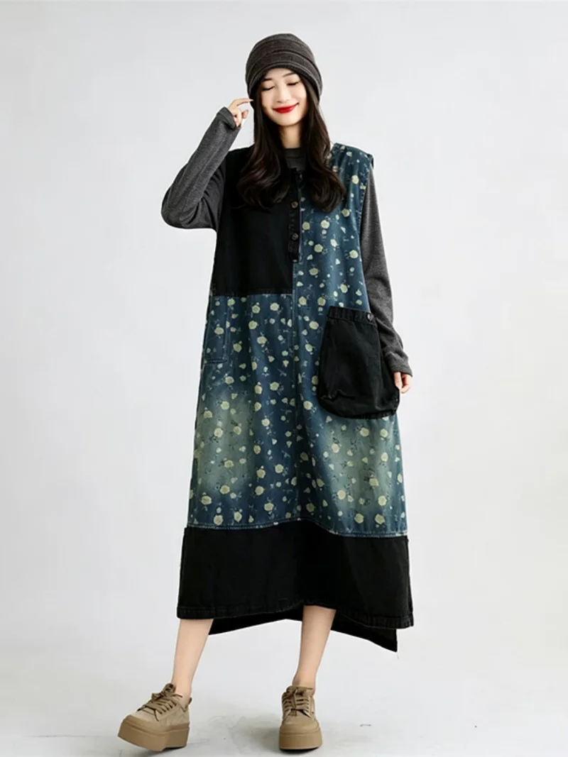 2026 Autumn Retro Rose Flower Sleeveless Denim Dress for Women, Loose Fit vintage Medium-Length Printed Dress j1828