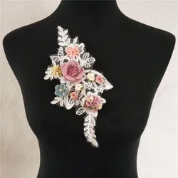 3D three-dimensional flower chest decoration rhinestone pearl embroidery DIY clothing craft supplies fabric 1 piece for sale