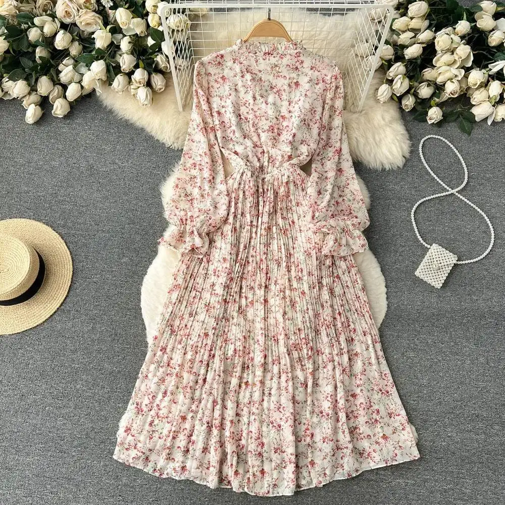 Elegant Long Sleeves Vintage V-neck Lace-up Chic Print Slim Fairycore Pleated Dresses French Evening High Street Autumn Clothing