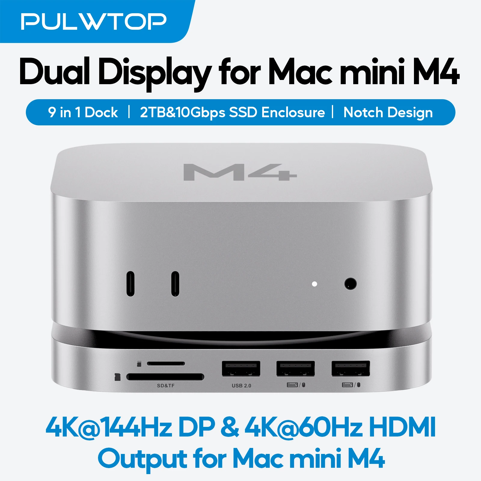 

PULWTOP Mac Mini M4 Dock with 4TB NVMe SSD Enclosure (SSD NOT Included), DP 4K 144Hz & HDMI 4K 60Hz, USB A 2.0, SD/TF ,Audio