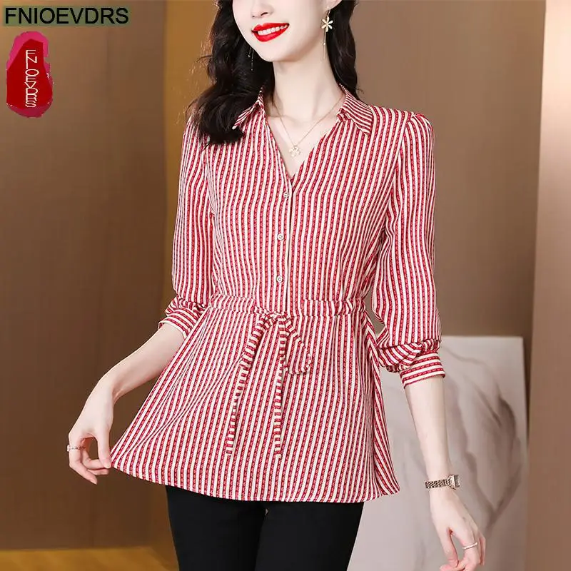 M-4XL 2023 Women European Style Office Lady Basic Red Plaid Shirt Drawstring Bow Tie Ruffles Belly Peplum Top Blouses