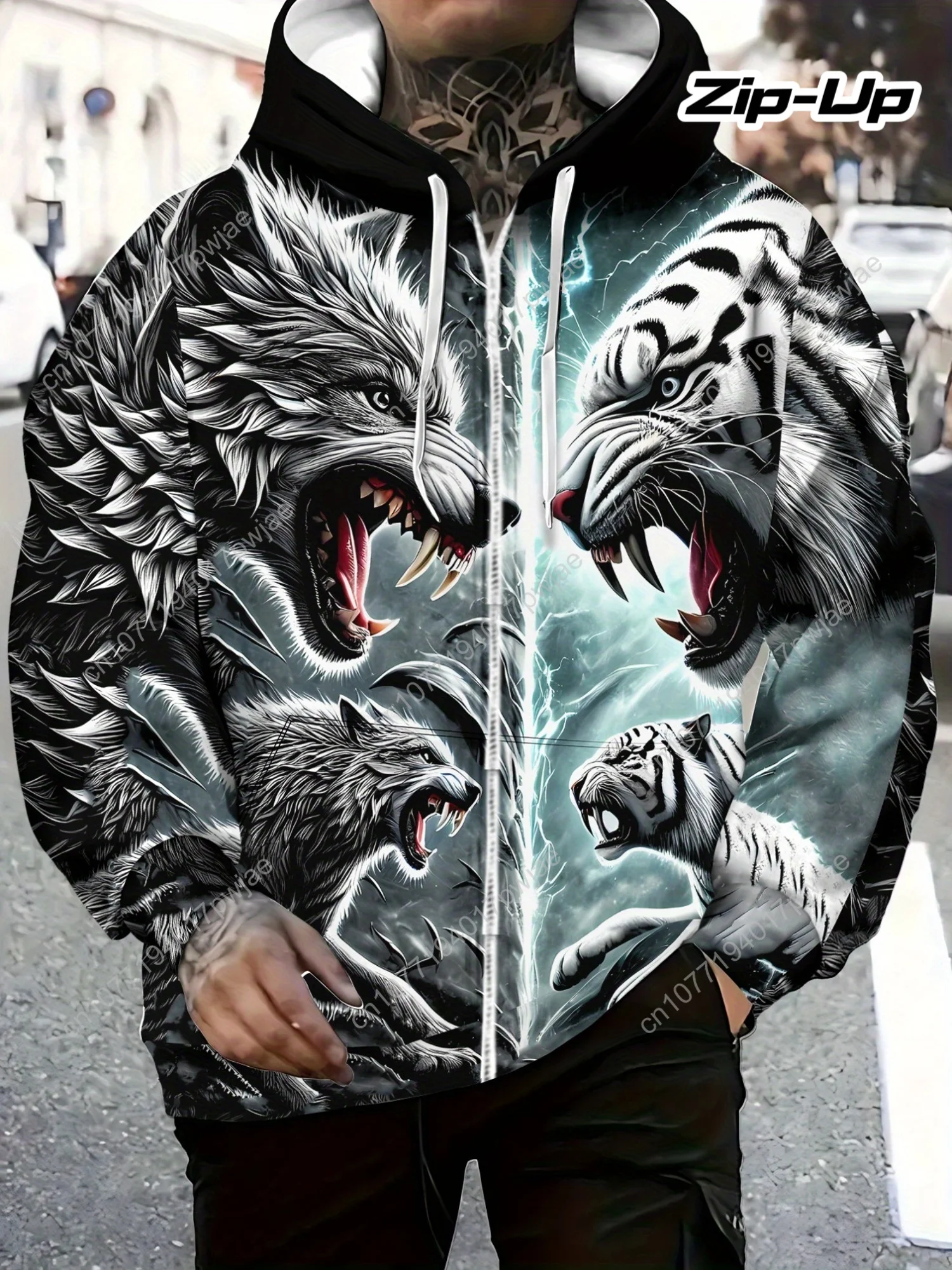 Boné masculino de manga comprida com zíper, moletom com capuz com estampa de lobo e tigre para sala de estar, tecido de poliéster macio, leve e