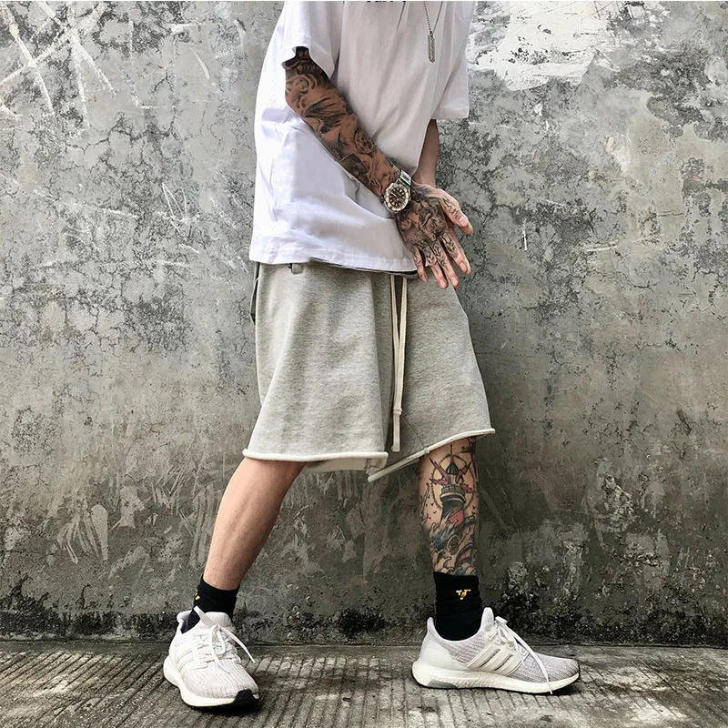 

Foufurieux Summer Fashion Thin High Street Drawstring Knee Lenght Shorts Gray Loose Casual Straight Tube Sports Shorts for Men