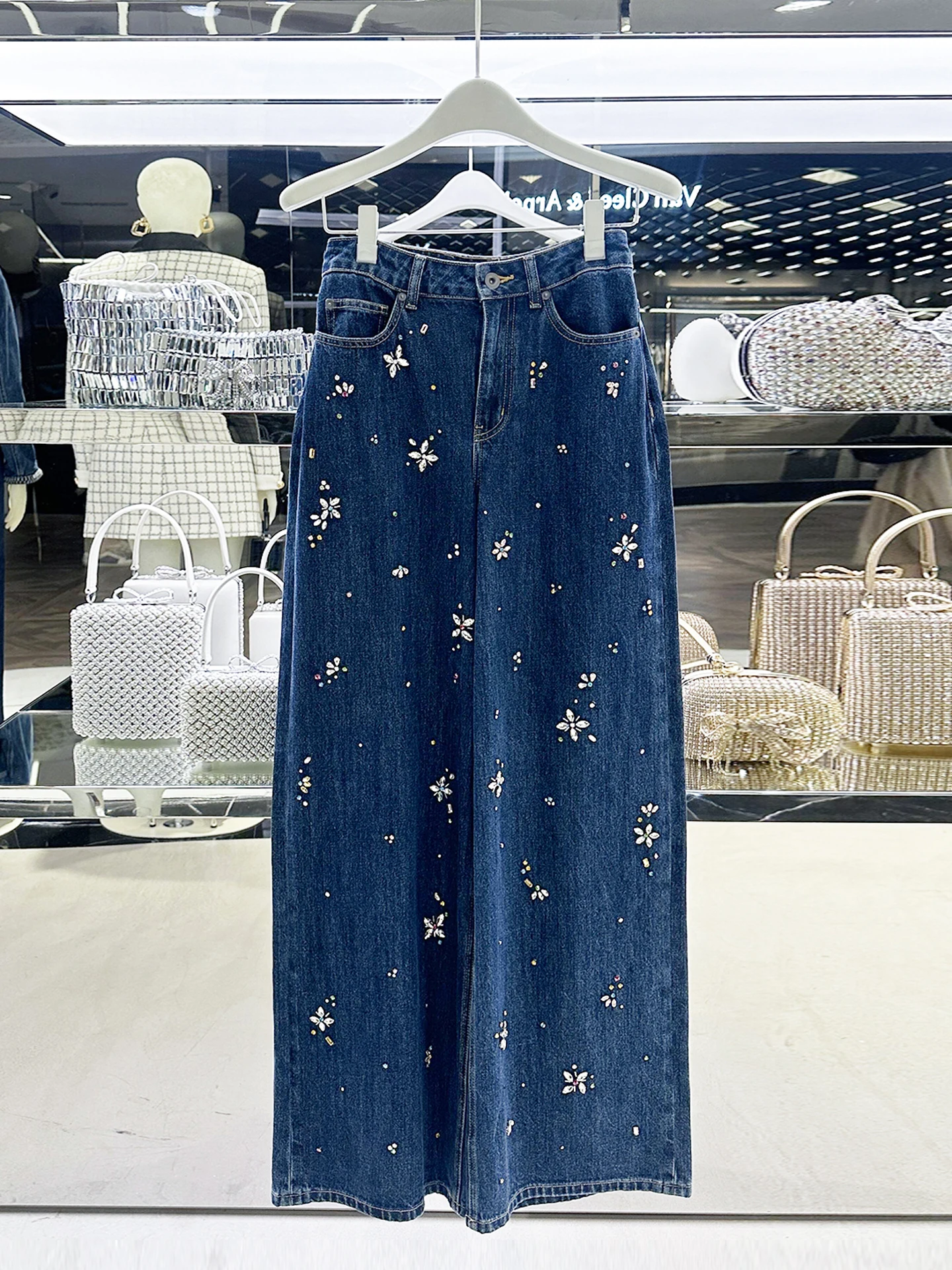 

Широкие джинсовые джинсы с высокой талией, женские модные джинсы с бриллиантами, повседневные, удобные, синего цвета, подходят для поездок на работу