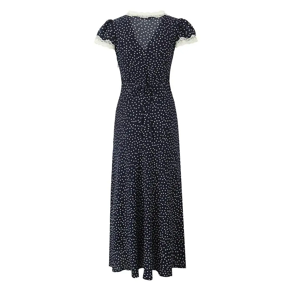 Women Lace V-neck Midi Dress Summer Short Sleeve Dark Blue Dot Dresses
