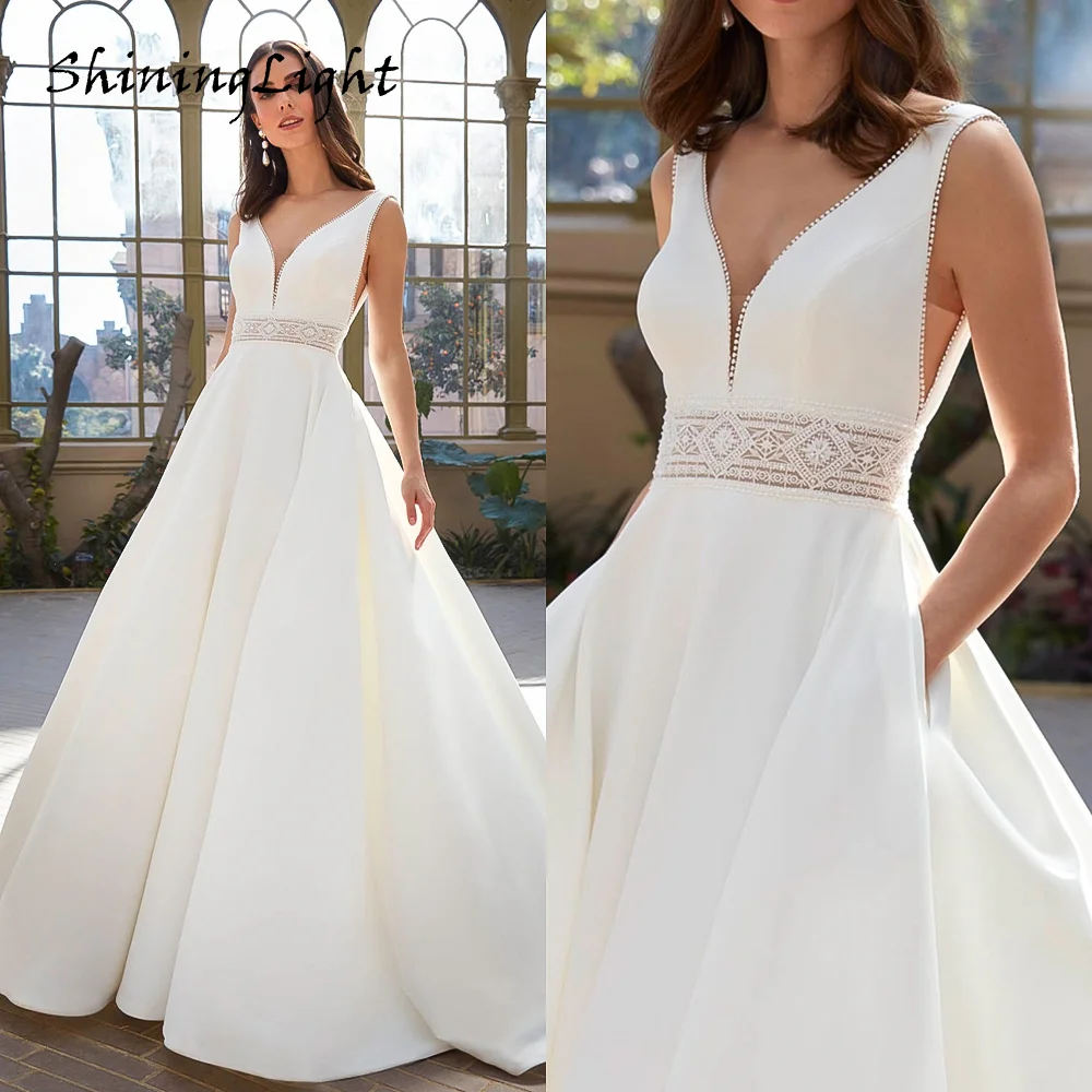 

Classic Satin V Neck Wedding Dresses For Women Backless A Line Robe De Mariée Long Simple Bridal Dress with Pocket Customied