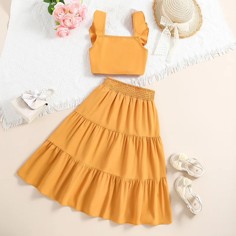 Children\'s Top And Bottom Clothes Set Solid Yellow Short-Sleeved Top + Splice skirt Summer Designed Classic Fashion Party Casual