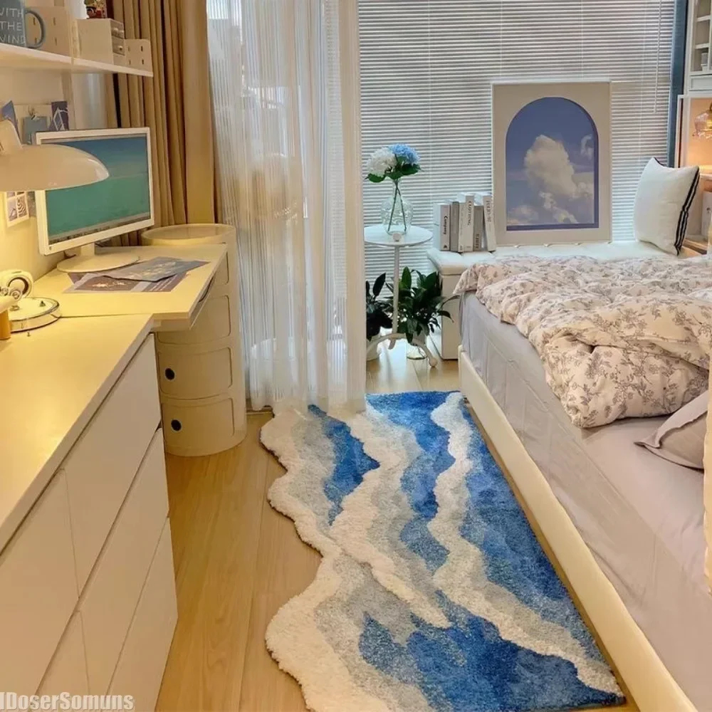Bathroom Rug Romantic Carpet Wave Rug Ocean Furry Rug Wavy Washable Blue Bath Mat 3D Microfiber with Non-Slip Backing Bath Mats