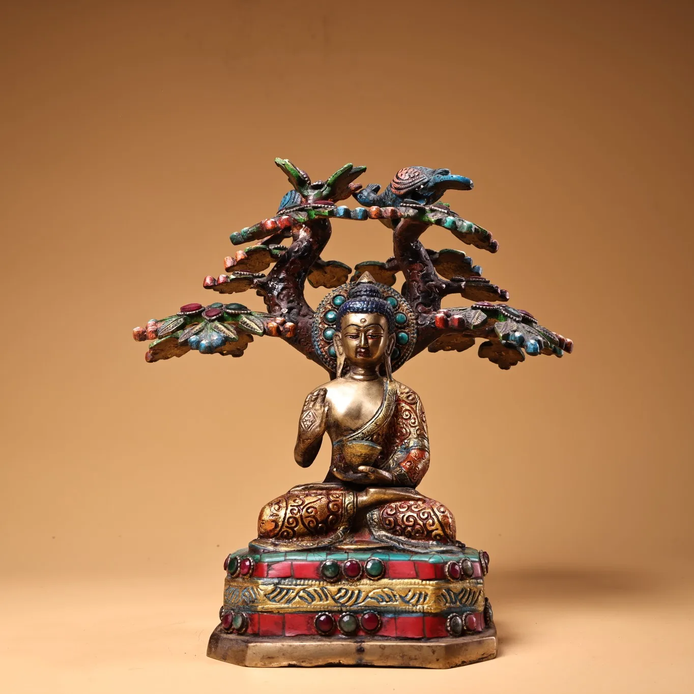 

9"Tibetan Temple Collection Old Bronze Outline in gold Mosaic Gem Turquoise Phoenix Bodhi Tree Meditation Shakyamuni Buddha