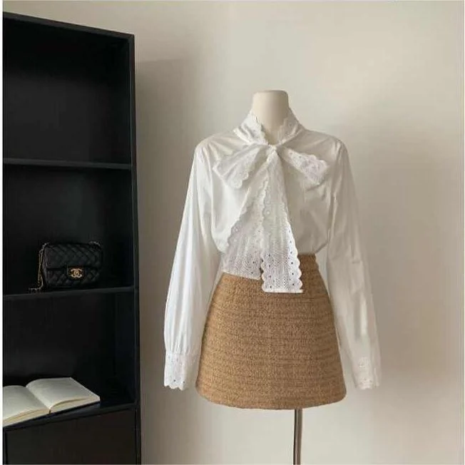 

Stylish White Shirt Spring Autumn Gentle Lace Knot Top Versatile Elegant Fashionable Women's Premium Quality Blouse