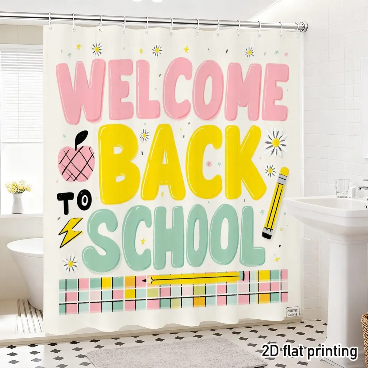 Back to School Shower Curtain – Bold “Welcome to School” Print with Apple & Pencil, Waterproof Polyester,