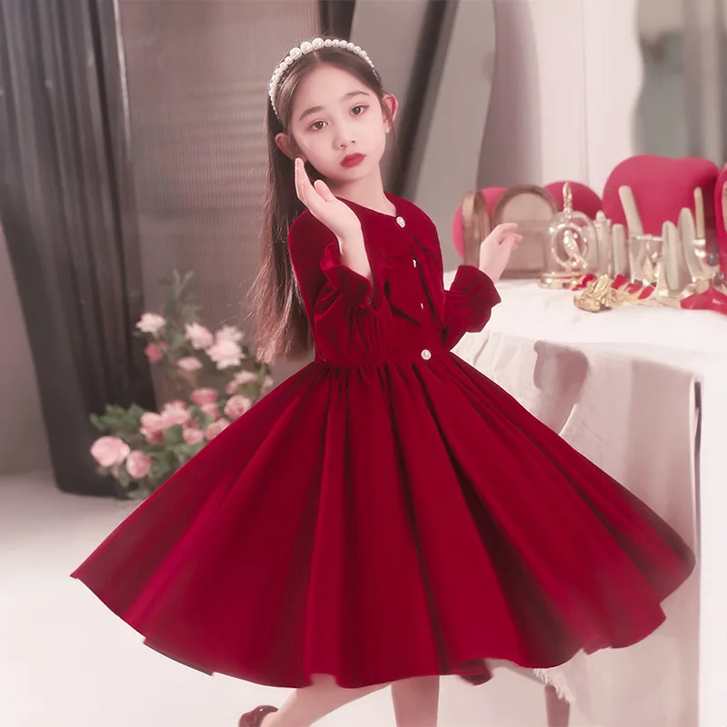 Christmas Wine Red Velvet Dresses for Little Girls Luxury Evening Pageant Short Gown Kids Birthday Party Princess Dress Children