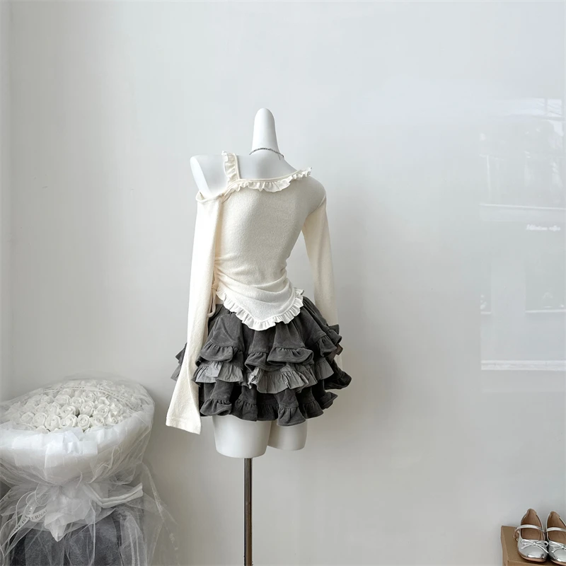 Autumn Japanese Kawaii Two Piece Set Women Sweet Rabbit Print Cute Skirt Suit Female Korean Slim Tops＋Princess Cake Skirt 2024