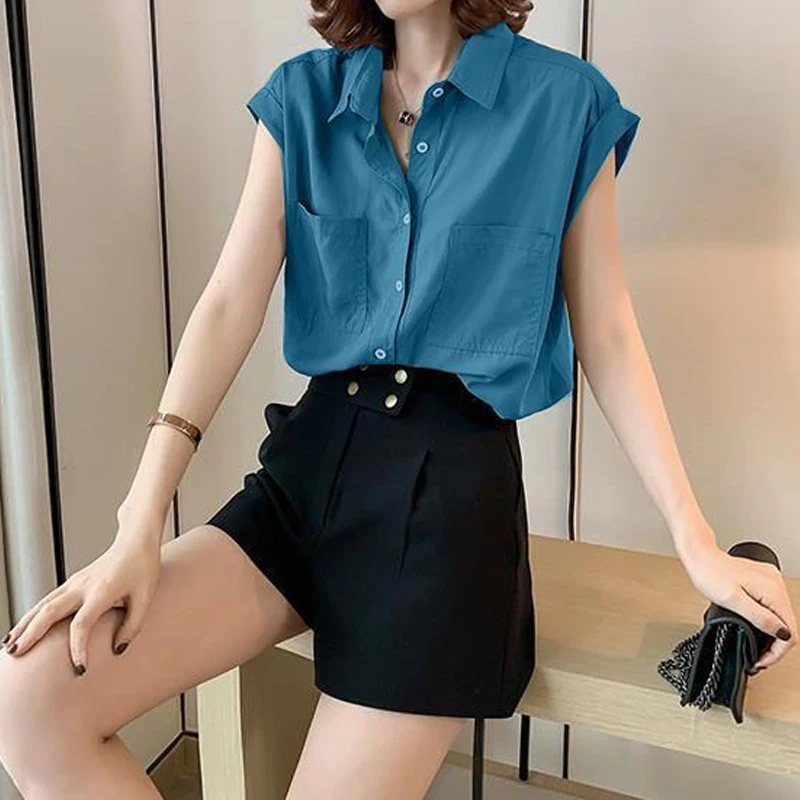 Kantoor Dame Knoop Patchwork Blouse Zomer Nieuwe Polo Hals Korte Mouw Effen Kleur Losse Shirt Tops Mode Elegante Vrouwen Kleding