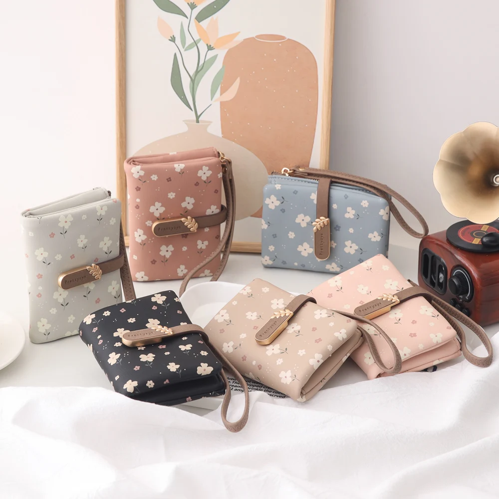 Cartera corta con diseño de hojas y flores para mujer, monedero con cremallera, tarjetero de crédito para identificación, bolso de mano pequeño de PU