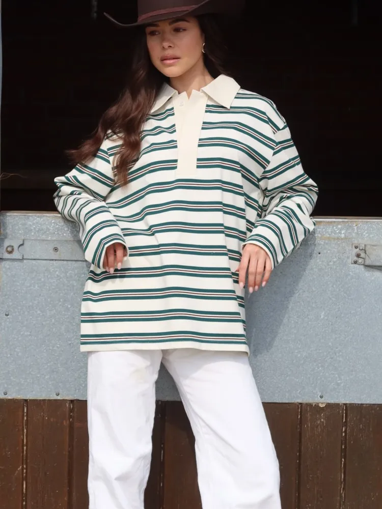 

Female Spring Autumn Leisure Striped Print Sweatshirt Fashion Flip Collar Loose Hoodie Office For Ladies Long Sleeves Blouses