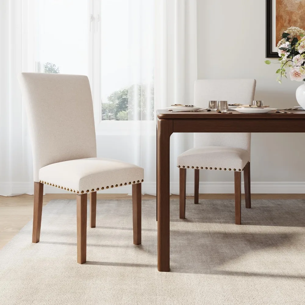 Pair of Elegant Upholstered Parsons Chairs with Nailhead Trim and Plush Cushions for Dining Room