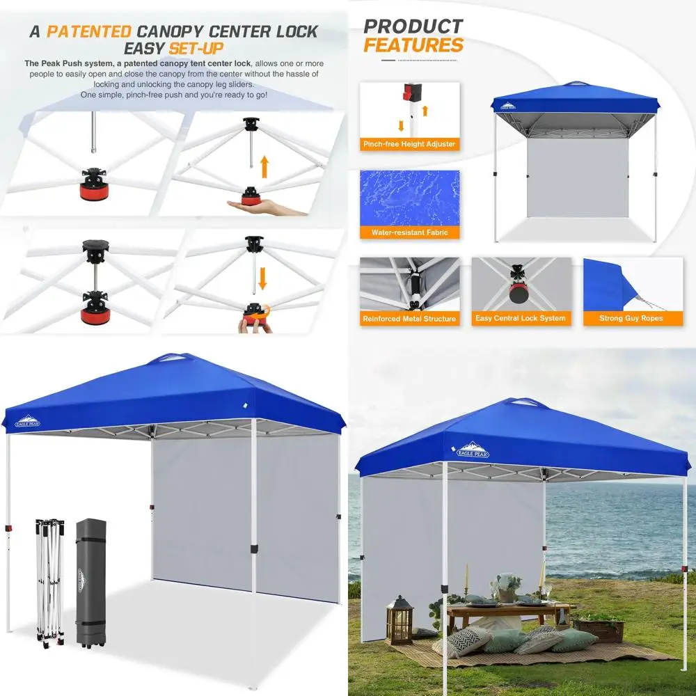 Quick-Setup 8x8 Outdoor Canopy with Side Panel, Wheeled Bag, Stakes, and Ropes, Blue Shade Tent