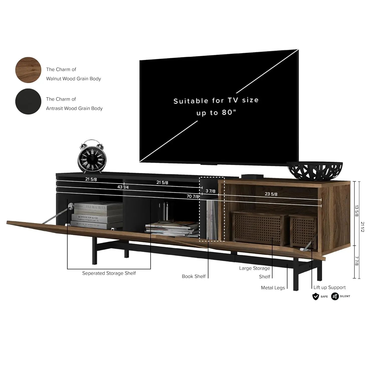 Mid Century Modern TV Stand 72 inch Storage Living Room Farmhouse Wood 65 75 80 inch TV, Customized