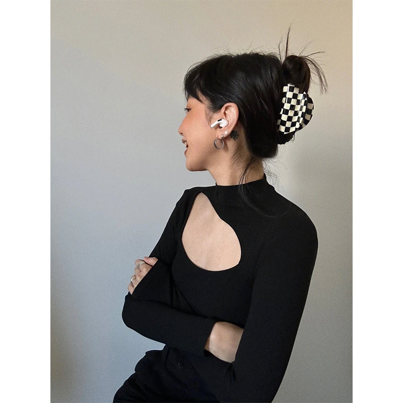 

Spring Summer Bla High Collar Hollow out Knitted Slim Fit Long Sve Base irt Inner Wear for Young Women Commute Sle