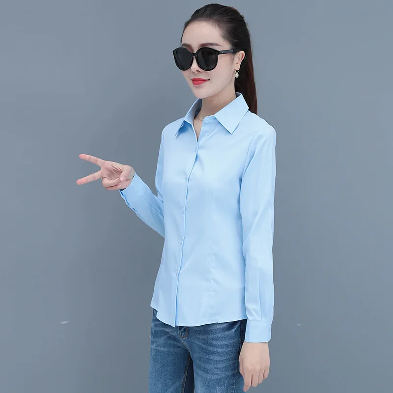 Korean Fashion Blue Women\'s Shirt Long Sleeve Blouse Formal Shirt Slim Female Working Clothes Elegant Ladies Tos Basic OL Blouse