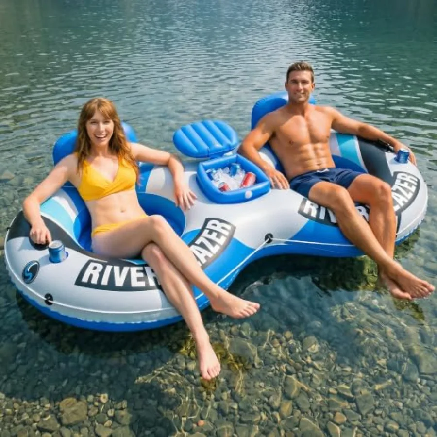 Inflatable River Tube Float With Built-In Cooler For Adults - Heavy Duty Pool And Lake Float In Blue With 2 Cup Holders