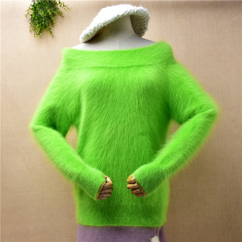 

Female Women Fall Winter Green Hairy Mink Cashmere Knitted Slash Neck Slim Blouses Pullover Angora Rabbit Hair Jumper Sweater