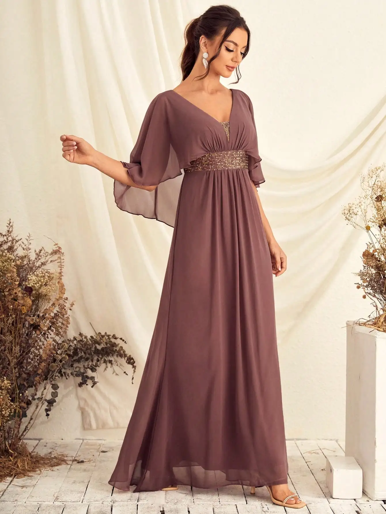 Unithorse Contrast Sequin Butterfly Sleeve Chiffon Bridesmaid Dress