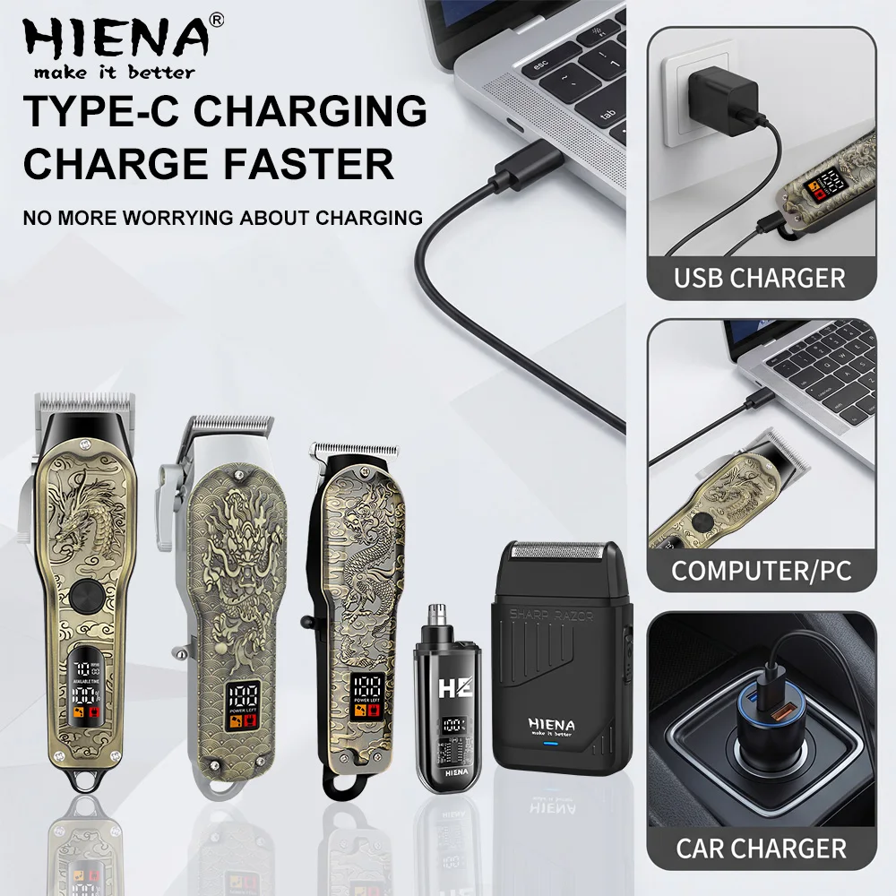 HIENA 5pcs Professional Hair Clippers for Men, Cordless Barber Clippers with Precision Trimmer and Dual Foil Shaver,LED Display, Electric Hair Cutting Machine, Men’s Grooming Kit, Gift for Him (Bronze) view 2