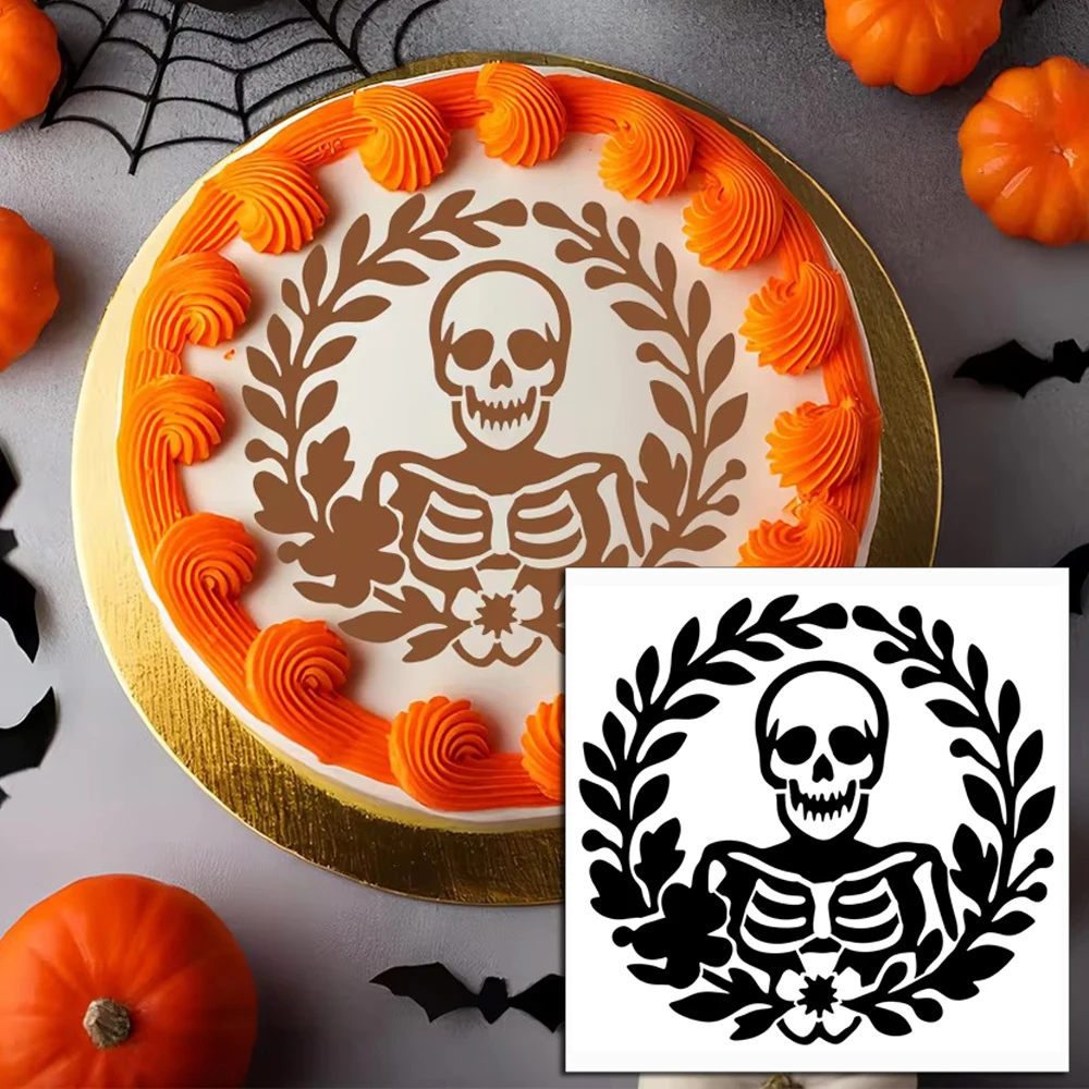Halloween Vintage Skull Skeleton Wreath Cake Stencil Food Grade Hollow Template for Cookie Fondant Dessert Decor