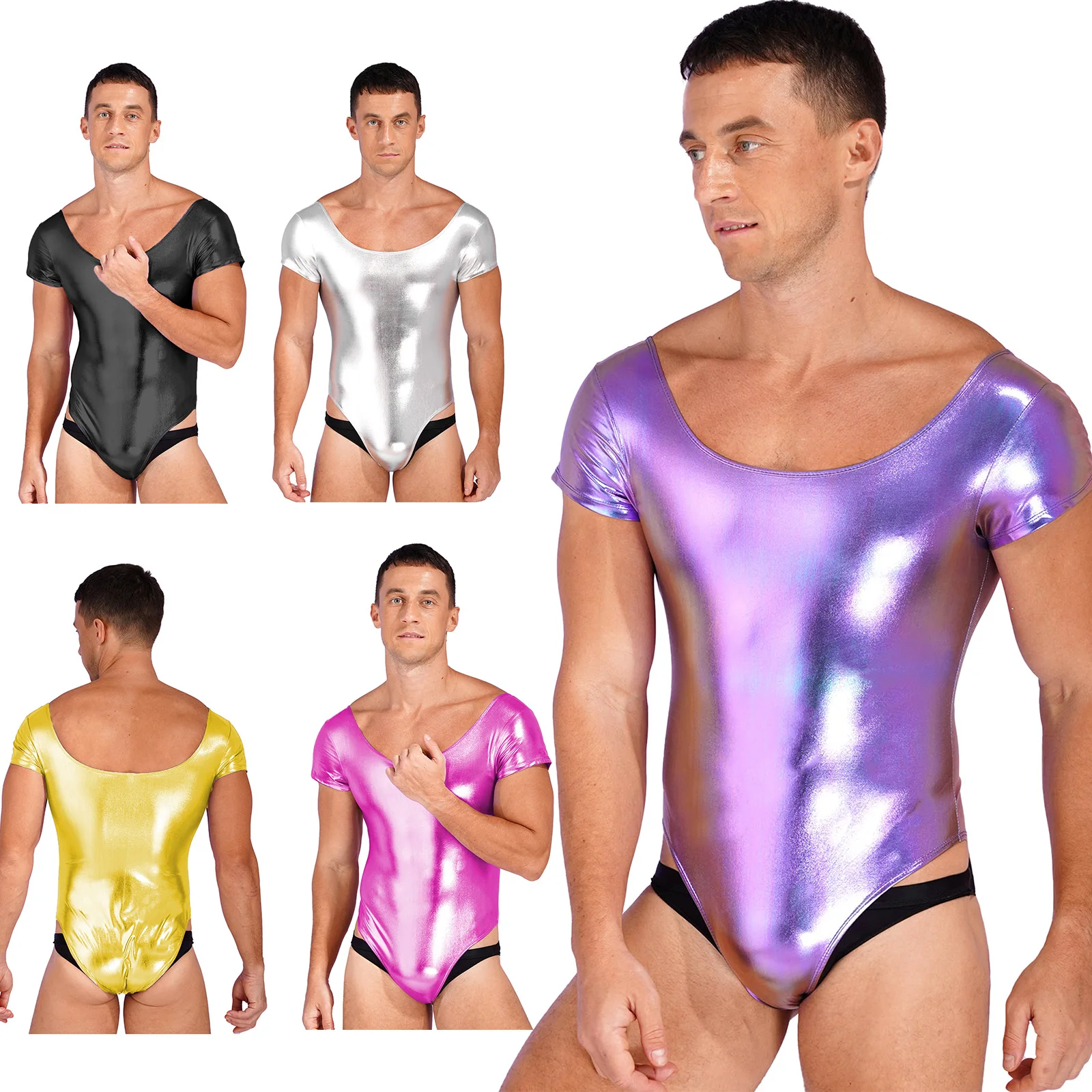 Mens Shiny Patent Leather Bodysuit Wetlook One-piece Swimwear Short Sleeve Stretchy Leotard Gymnastics Workout Party Clubwear