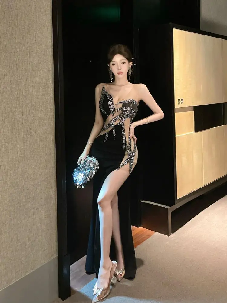 

French 2025 Summer Black Blue Patchwork Mesh Elegant Sexy Club Evening Party Long Dress Women Sleeveless Slim Split Vest Dresses